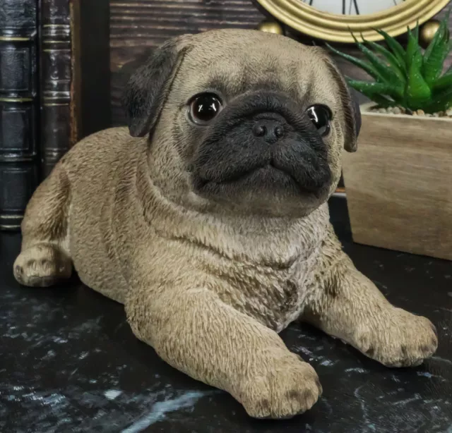 Lifelike Adorable Fawn Pug Puppy Dog Lying On Belly Figurine Pugsy Pet Pal Decor