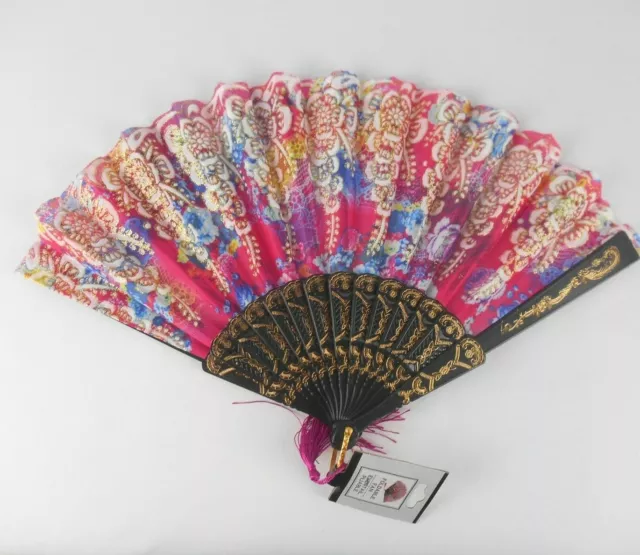 Hand Held Folding Fabric Floral Fan Lace Pink Gold Blue Black NEW **QUICK SHIP**