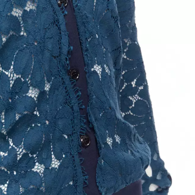 LANVIN 2015 blue silk cotton floral lace sheer long sleeve V neck cardigan S 2