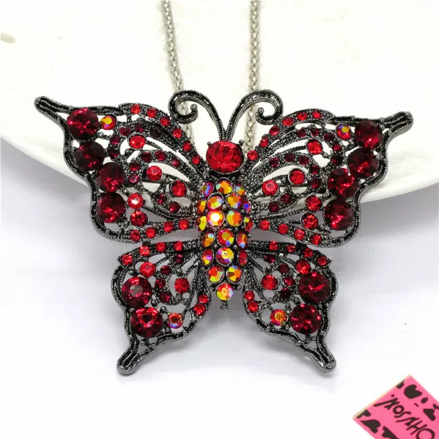 New Betsey Johnson Bling Red AB Rhinestone Butterfly Crystal Pendant Necklace