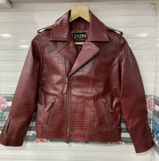 Men's Genuine Leather Crocodile Embossed Print Burgundy Red Moto Biker Jacket 3