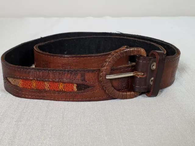 VTG EUC Handcrafted Leather Belt with Embroidered Panels Suede Backed Length 47"