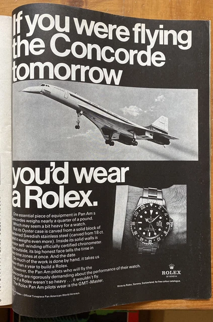 1970 Rolex GMT Master Watch Concorde Plane Flying Vintage Print Ad + Breitling
