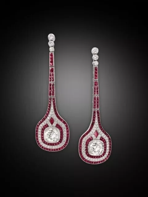 925 Silver Chandelier Vintage Art Deco Style Ruby & Diamond Drop Dangle Earrings