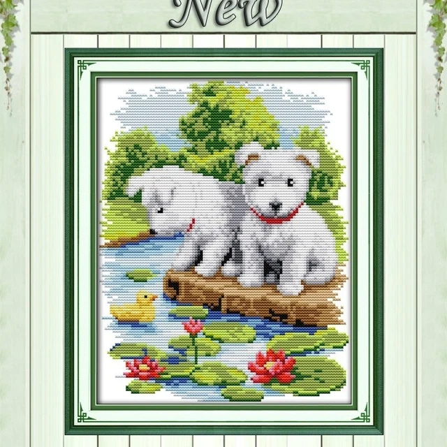BNIP JOY SUNDAY TWO CURIOUS PUPPY DOGS cross stitch kit 14 ct size 22 x 30 cm