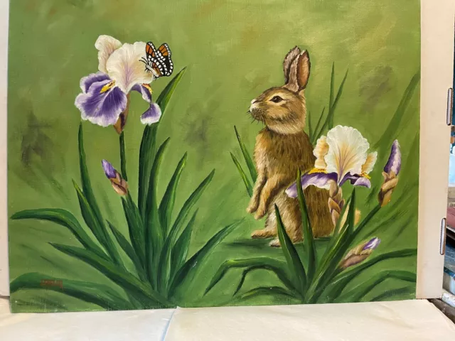 14 x 18 Original Oil Painting on Canvas Board....."Rabbit, Butterfly and Irises"