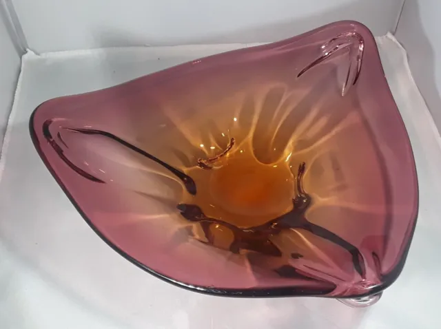Vintage Retro Large  Murano Art Glass Bowl Dish  In Cranberry & Amber Gold