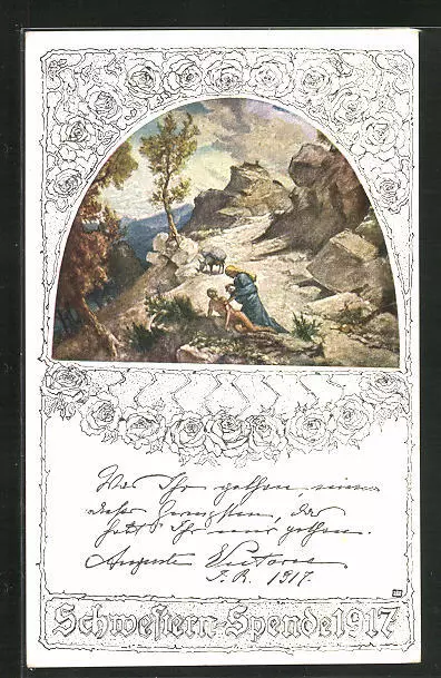 Künstler-AK Rotes Kreuz, Schwestern-Spende 1917, nächstenliebe auf einem Bergpa