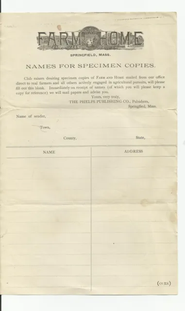 Vintage Circa 1890's FARM & HOME Springfield Mass Original Letterhead