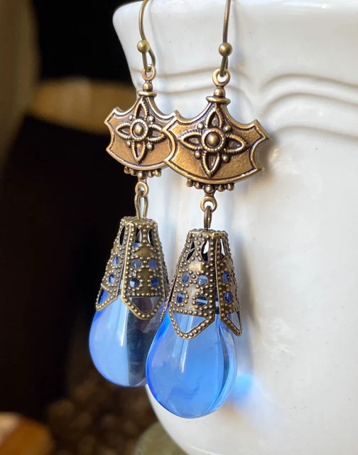 Art Nouveau Earrings Brass Filigrees W/ Antique Ocean Blue Czech Glass Drops