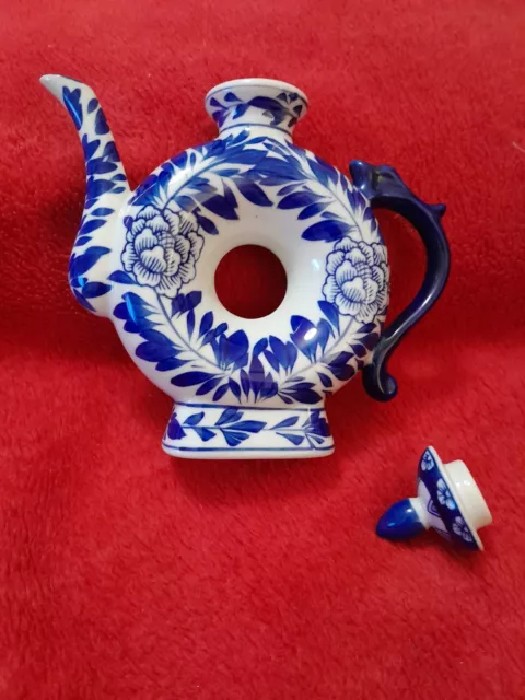 Vintage Chinese Porcelain Blue and White Doughnut Teapot