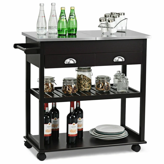 Costway Rolling Kitchen Island Trolley Cart Stainless Steel Flip Tabletop