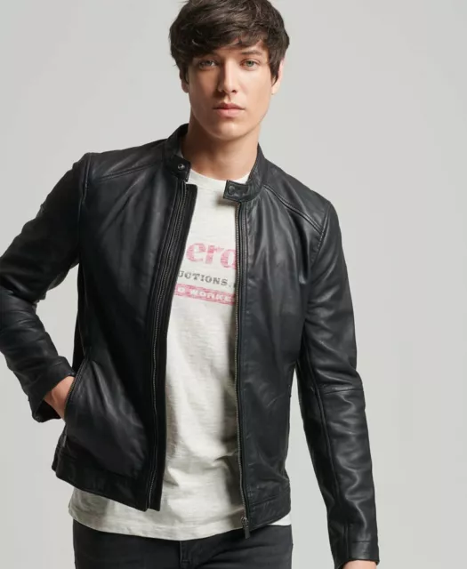 Men Black Leather Jacket Slim fit Biker Motorcycle Light Leather Racer Jacket