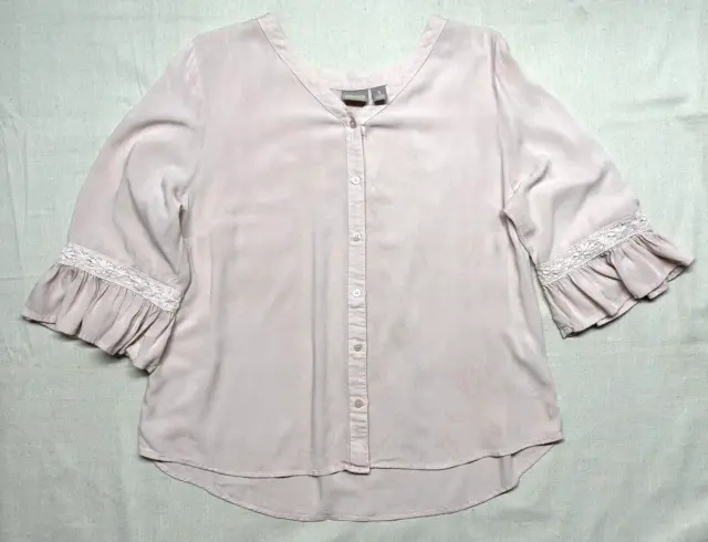 Chico's Womans Blouse Sz 3 Pink Ruffled Lace Trim Bell Sleeves Button Front Boho