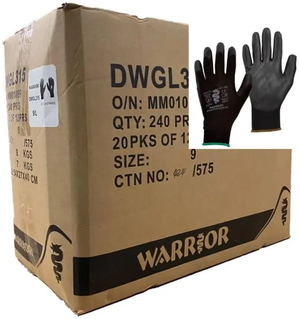 Case 240 Pairs Warrior Black PU Grip Coated Builders Mechanic Work Gloves