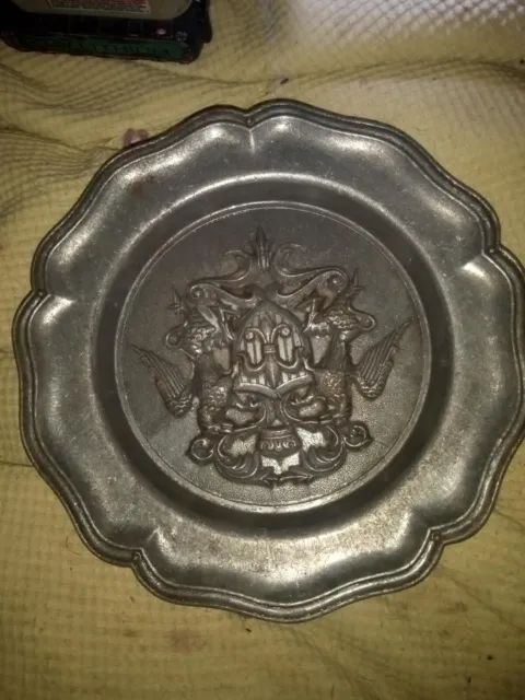 Vintage Spain Shield Pewter Plate embossed with crown and knight helmet #