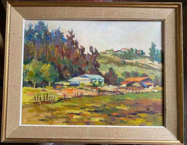 Oil Painting Sign Carillo Hilly Landscape With Houses IN Autumn