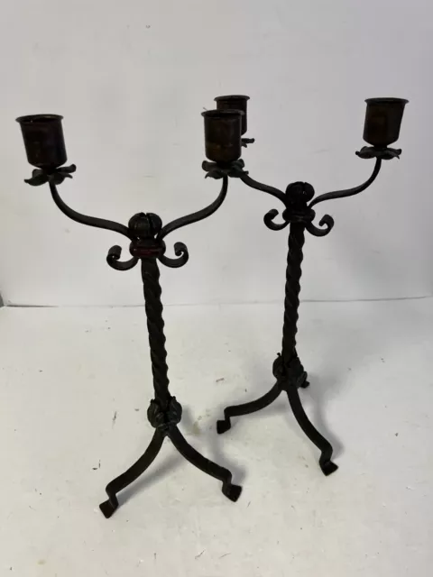 x2 Pair (x4 total) Twisted Wrought Iron Candle Holders Vintage 15.5" H Tri foot