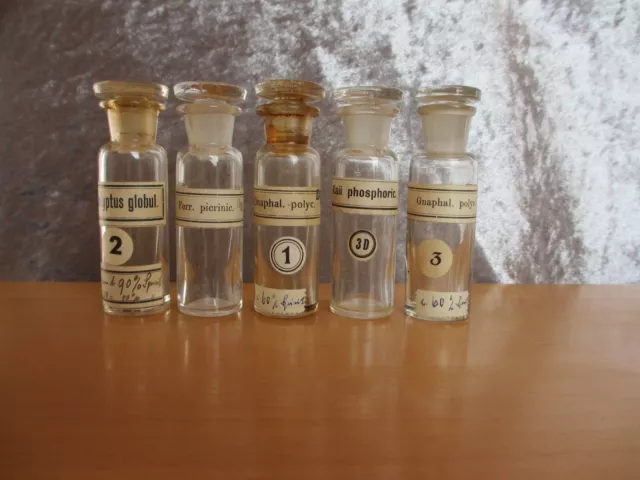 5 Stück alte kleine Apothekerflaschen Glas klar mit Stöpsel H=8cm (#A34)