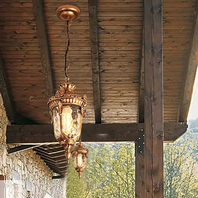 Vintage Retro Stone Glass Oval Lantern Garden Porch Pendant Lights Black/Brass