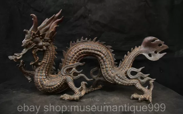 19.2" Old Chinese Copper Bronze Dynasty Dragon Beast Statue Sculpture