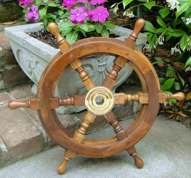 18" Wood / Brass Ship Wheel ~ Nautical Maritime Wall Decor ~ Pirate Captain gift