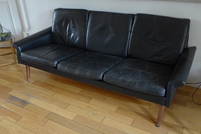 vintage black leather three seater sofa mid century modern
