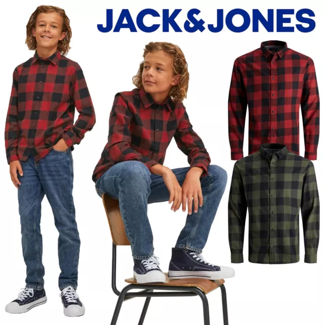 Jack & Jones Boys Cotton Shirts Long Sleeve Red & Green Check Shirt, 8-16 Years