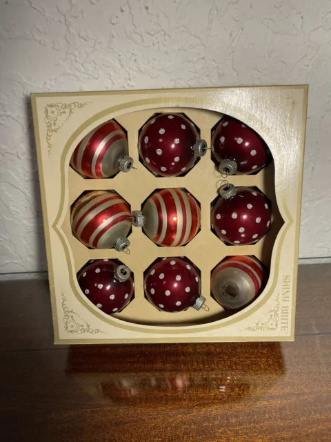 9 Vintage SHINY BRITE Red CHRISTMAS ORNAMENTS Bulbs In Original Box Dots Stripes