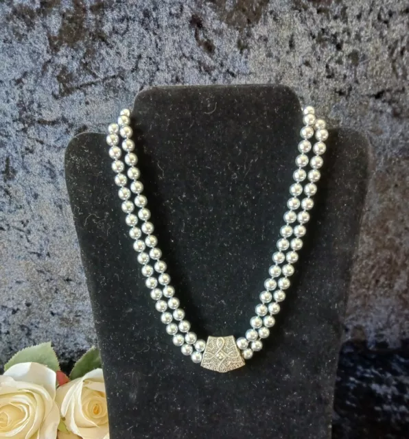 Stunning Judith Jack Double Strand Faux Pearls Sterling 925 Marcasite Necklace