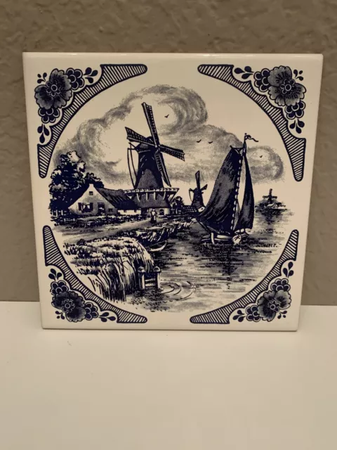 Vintage Belgium Delft Blue White Ceramic Tile Windmill Water Scene Wall Art 6”