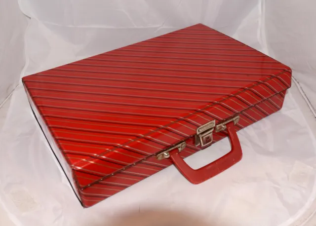 Vintage 32 Kassetten abschließbare Aufbewahrungsbox rot gestreift Vinyl mit Einsatz & Griff