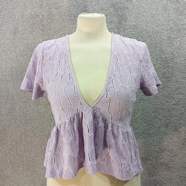 Pull&Bear Purple Crop Top Crinkle Cut Out Diamond Short Frill Sleeve Y2K Uk M