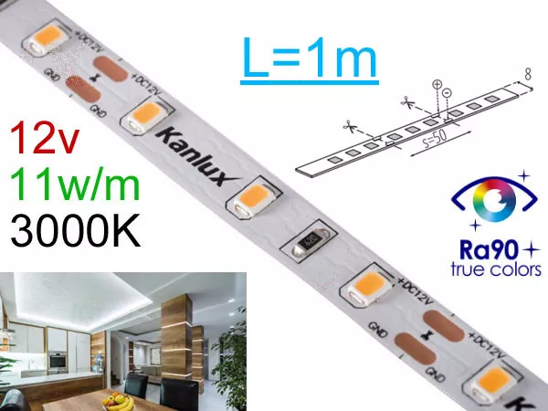 Ruban Led sur mesure 12v adhésif 900Lm/m - Blanc chaud 3000K - CRI 90