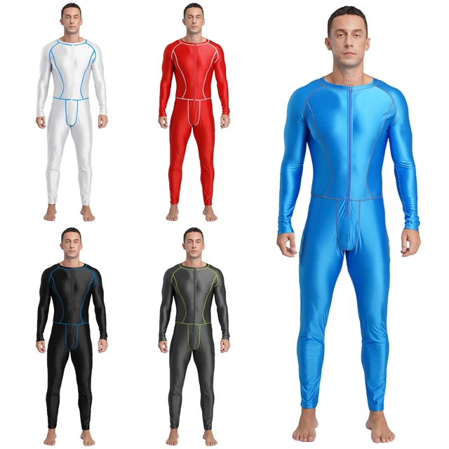 Men Oil Shiny Glossy Bodysuit Jumpsuit Stretchy Full Bodystocking For Sport Yoga