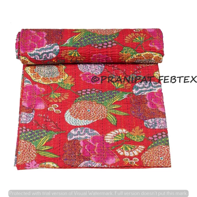 Kantha India Colcha Impresión Tropical Rojo Reina Algodón Cubrecama Ropa de Cama