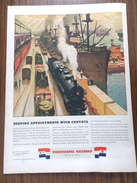 1943 Pennsylvania Railroad Ad WW II 2 Railroads & Convoys