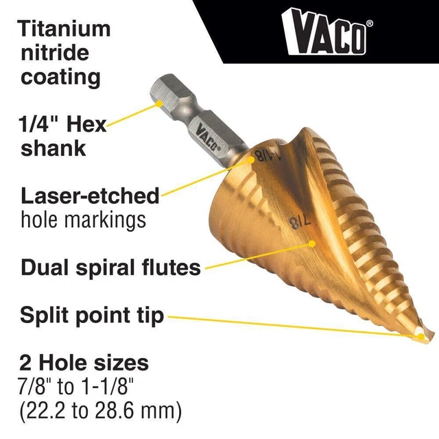 Klein Tools 7/8'' To 1 1/8'' Step Drill Bit Vaco 2