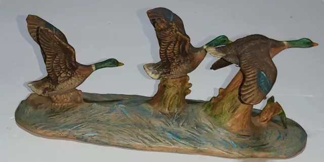 10" 80's Ceramic Mallard Ducks Flock Flying Action Statuary Art Over Water Vtg