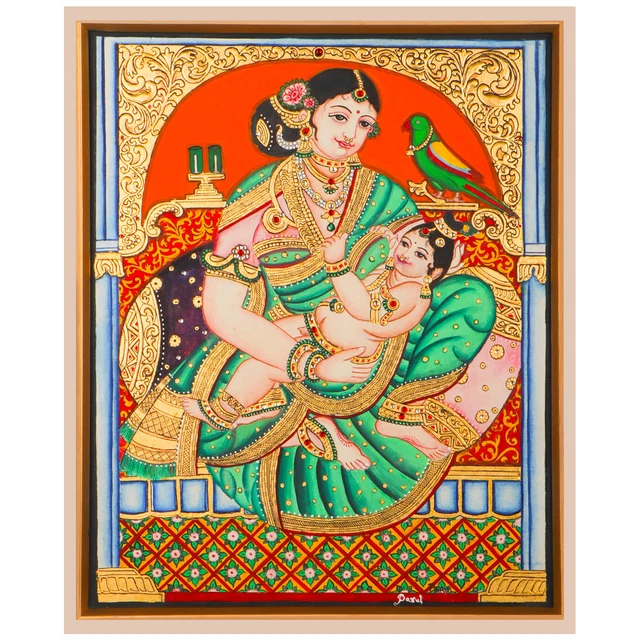 Lord Krishna Yashoda PaintingHandmade Indian Traditional Mysore Organic Antique