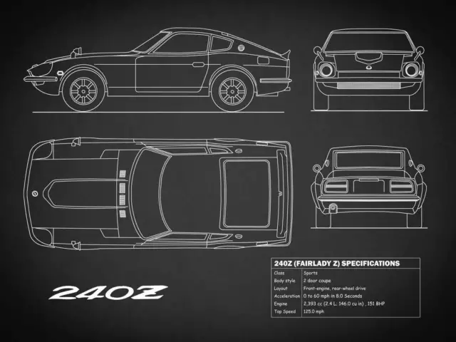 Poster - Classic Datsun 240Z Blueprint, Black Retro Modern Patent, 4 Sizes 2