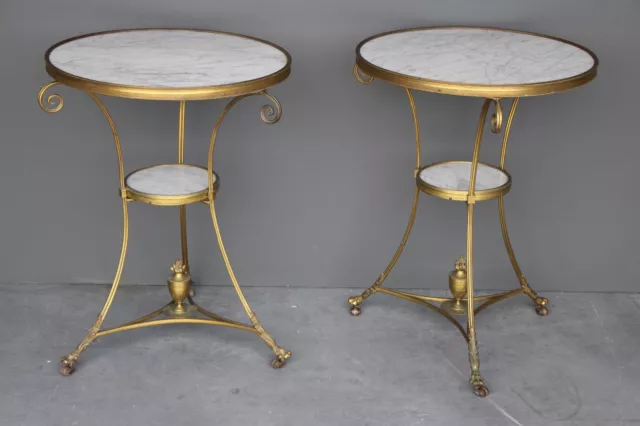 Pair original antique French Empire Gueridon tables gilt bronze ormolu marble 2