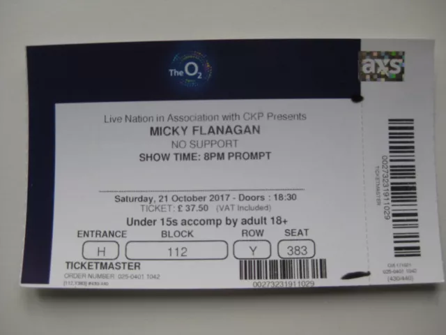Micky Flanagan  O2 London  21/10/2017 Old Ticket