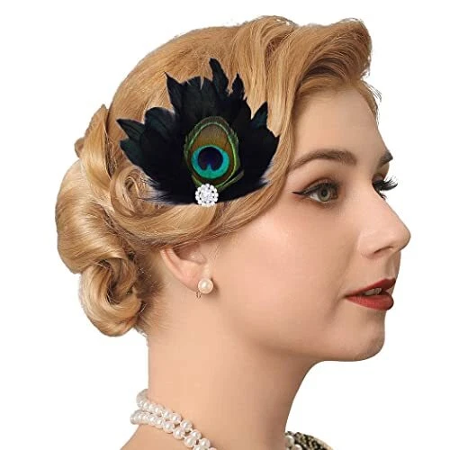 Flapper Headpiece Peacock Feather Hair Clip Black Feather Headpieces