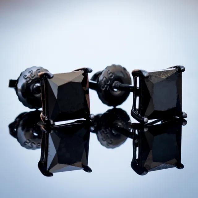 Black Onyx Mens Small CZ Princess Cut Solitaire Stud Screw Back Earrings