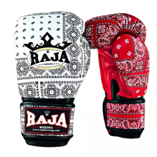 RAJA Boxing Sparring Gloves Muay Thai Microfiber Indian Cloth Pattern White Red