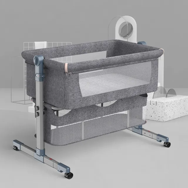 Gray Baby Cot Side Bed With Removable Sidebar Height Adjustable Cot with Casters