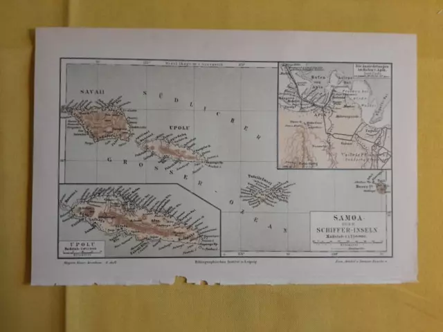 1897 ORIGINAL VINTAGE MAP Samoa Islands Meyers Konversations-Lexikon C10-5