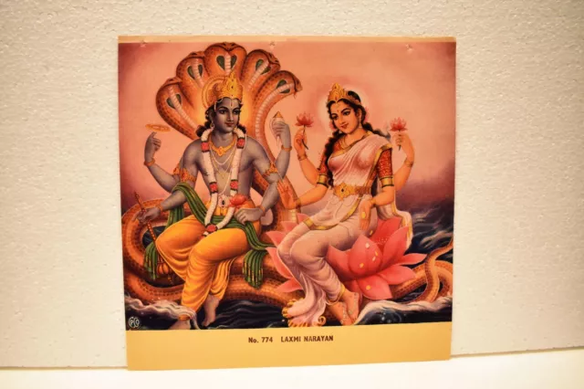 Vintage Lithograph Print Laxmi Narayan Hindu Mythology Calendar Art Painting "