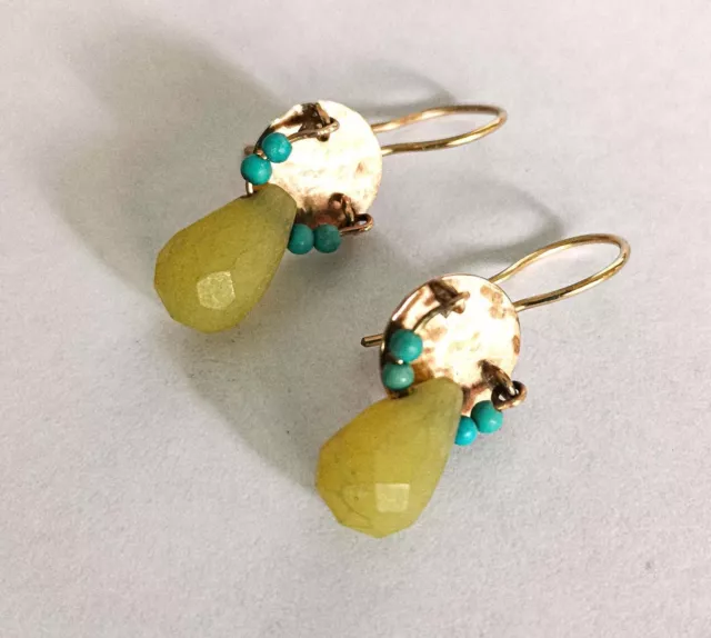 925 Sterling Silver Lemon Yellow Agate Blue Turquoise Dangle/Drop Earrings Gift